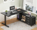 L Shaped Electric Standing Desk with Drawers &amp Shelves Height Adjustable Corner Computer Desk with Power Outlets 55 Inch Sit Stand Executive Desk with Storage for Home Office Black