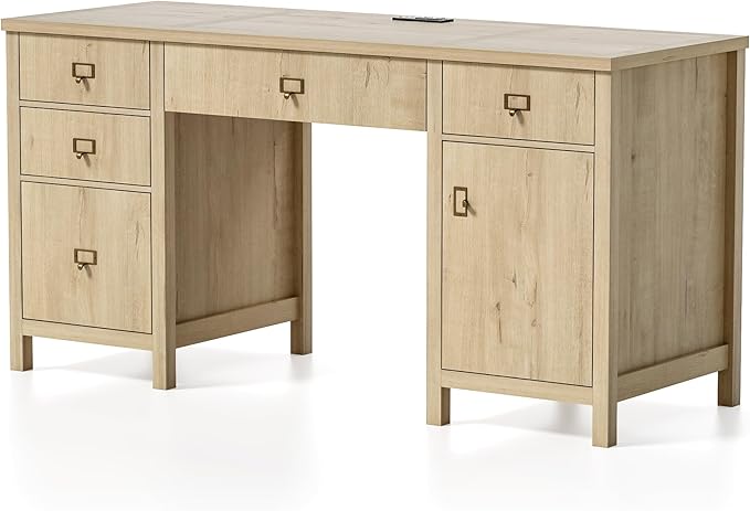Farmhouse Wood Home Office Desk 59 Executive Desk Computer Desk with File Drawer Charging Station and Storage Cabinet for Writing Study Light Oak