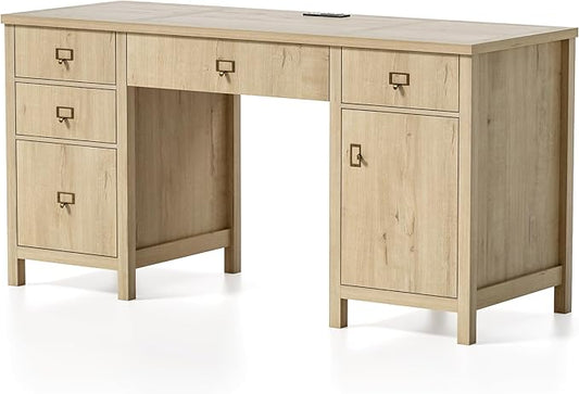 Farmhouse Wood Home Office Desk 59 Executive Desk Computer Desk with File Drawer Charging Station and Storage Cabinet for Writing Study Light Oak