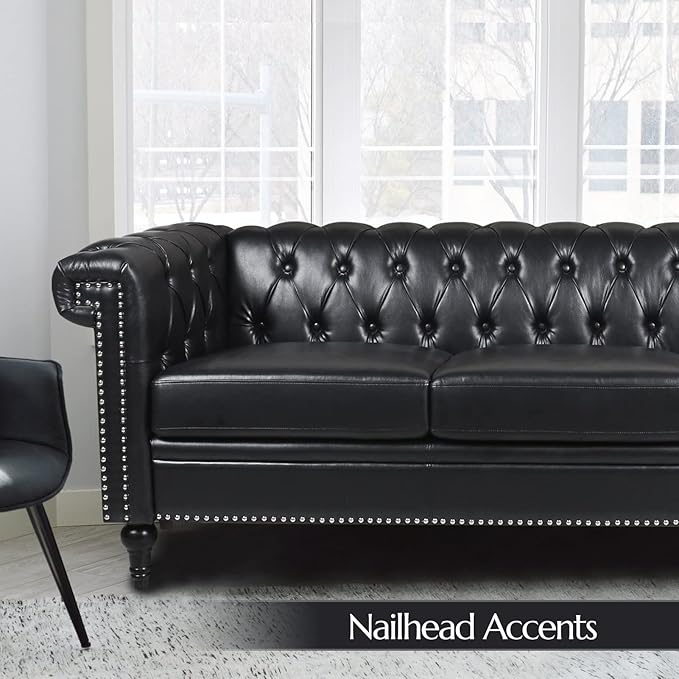 Chesterfield Sofa Black Faux Leather Couches for Living Room Deep Seat Comfy 3-Seater Oversized Couch Button Nailhead Tufted Classic Couches for Bedroom Office Easy to Assemble