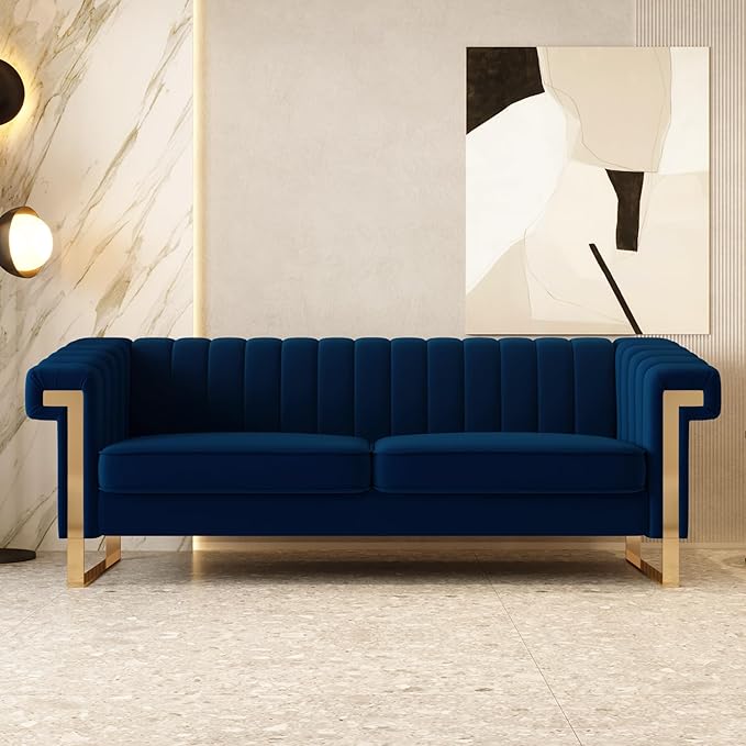 Mid-Century Modern Blue Velvet Sofa with Gold Metal Legs 83.86 Luxury Chesterfield Comfy Couches for Living Room (Velvet Blue)