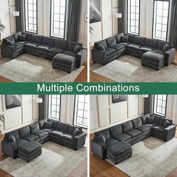 Modern U Shaped 6-seat Sectional Sofa Couch with one Ottoman and Three toss PillowsModular Sofa for Living RoomCorduroy Sofa (GreyCorduroy-7 Seat)