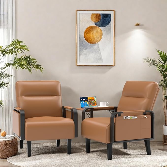 Upholstered Accent Chairs Set of 2 Faux Leather Armchair with Tray Table Comfy Reading Chair for Living Room Bedroom Guest Room Brown