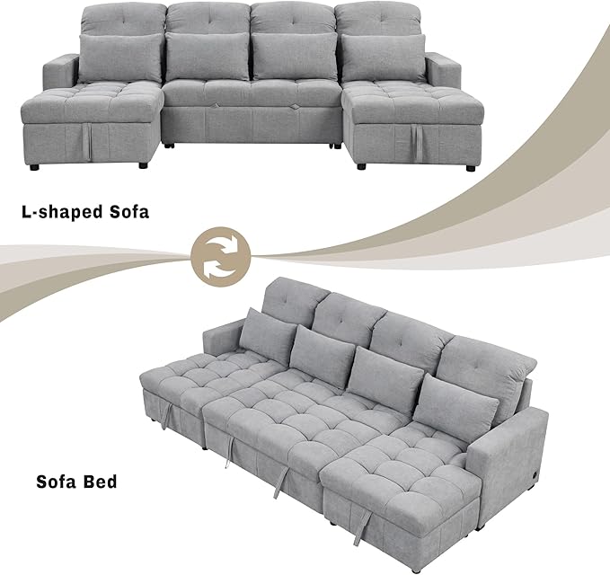 Harper &amp Bright Designs 110.2 Oversized U-Shaped Sofa Versatile Sectional Sofa Pull-Out Sofa Bed with Double Storage Chaise Lounges and Two USB Ports for Living RoomGray