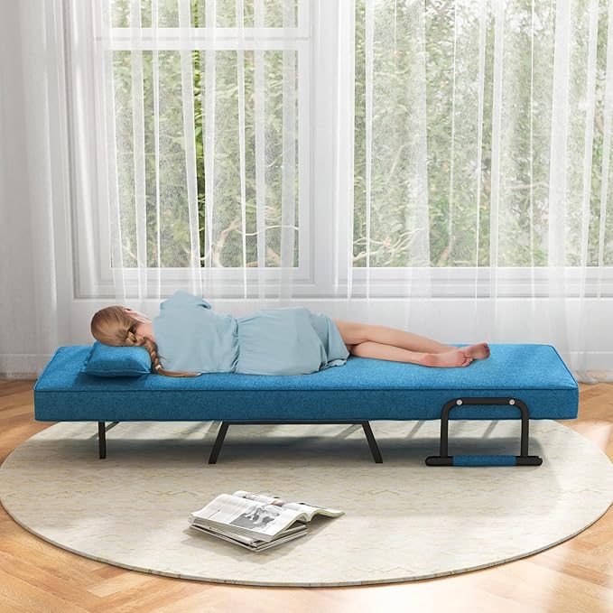 HOMGX 4-in-1 Convertible Sofa Chair Bed Leisure Recliner Sleeper w/ 6 Adjustable Position Backrest Lounge Seat Folding Sofa Bed w/High Elastic Sponge Ideal for Home Office (Blue)