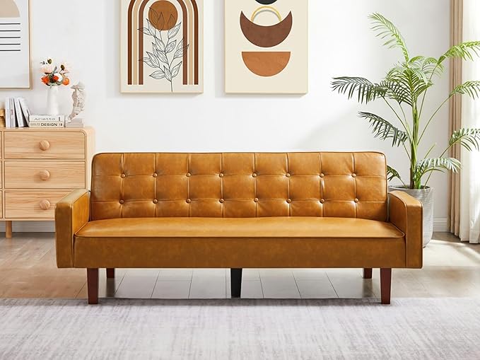 Futon Sofa Bed Convertible Sleeper Sofa Loveseat Couch PU Leather Sofabed with Wooden Legs for Small Spaces Room Home Office Hotel with Adjustable Backrest Reclining (Brown)