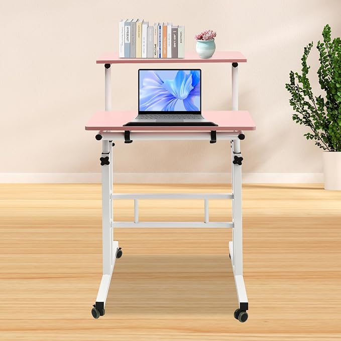 Height Adjustable Table Small Adjustable Standing Desk with Wheels Home Office Workstation Portable Rolling Desk Laptop Cart for Standing or Sitting (Pink)