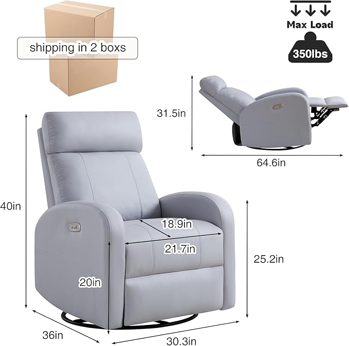Power Swivel Rocker Recliner Faux Leather Rocking Recliner Chair with USB Port Swivel Glider Reclining Chair Nursery Recliners for Living Room Grey