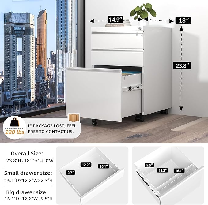 3 Drawer Mobile File Cabinet Metal Rolling Filing Cabinet with Lock for Home Office Under Desk Small Cabinet with Wheels Fit Legal/Letter/A4 (White)