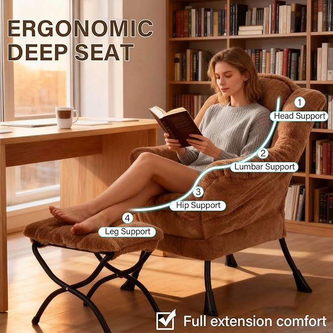 Welnow Lazy Chair with Ottoman Modern Accent Chair with Armrests and a Side Pocket Leisure Sofa Armchair Reading Armchair with Footrest for Small Space Plush Brown