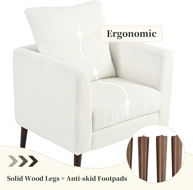 Modern Upholstered Accent Chair Mid-Century Lounge Armchair with Pillow Comfy Reading Side Accent Chairs Single Sofa Chair with Wood Legs for Living Room Bedroom (White+Teddy)