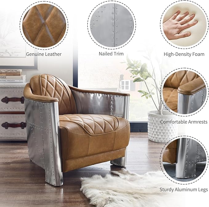 Zouron Genuine Leather Living Room Chair Mid Century Modern Single Sofa Chair in Aluminum Vintage Barrel Accent Chair for Living Room Bedroom Home Office Light Brown