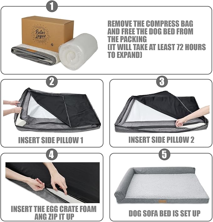 Patas Lague Orthopedic Jumbo Dog Bed for Extra Large Dogs 56''X40'' Waterproof L Bolster Pet Sofa Beds with Removable Washable Cover Soft Comfortable Pet Couch Crate Mat with Nonskid Bottom Pink