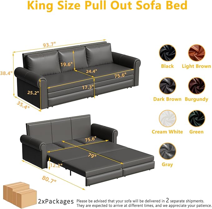 93.7 King Pull Out Sofa Bed Faux Leather Sleeper Sofa Couch 3 in 1 Convertible Futon Couches for Living Room Small Space Apartment Office Bedroom Modern Rivet Armrest Grey