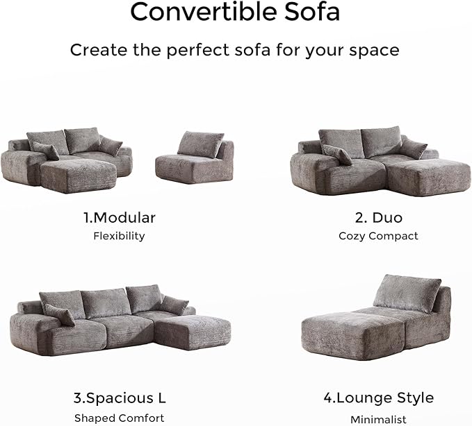 WELAX 114 Sectional Couches for Living Room Boneless Couch L-Shape with Pillows &amp Ottoman Modular Chenille Cloud Sofa 4 Seater Home Comfy Sofas for Apartment Grey