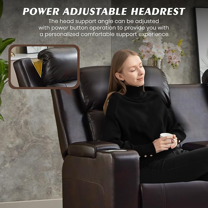 Power Reclining Loveseat with Console Power Loveseat Recliner Sofa with Adjustable Headrest/LED Light/Wireless Charging/Arm Storage Power Recliner Loveseat for Living Room (Brown 2 Seater)