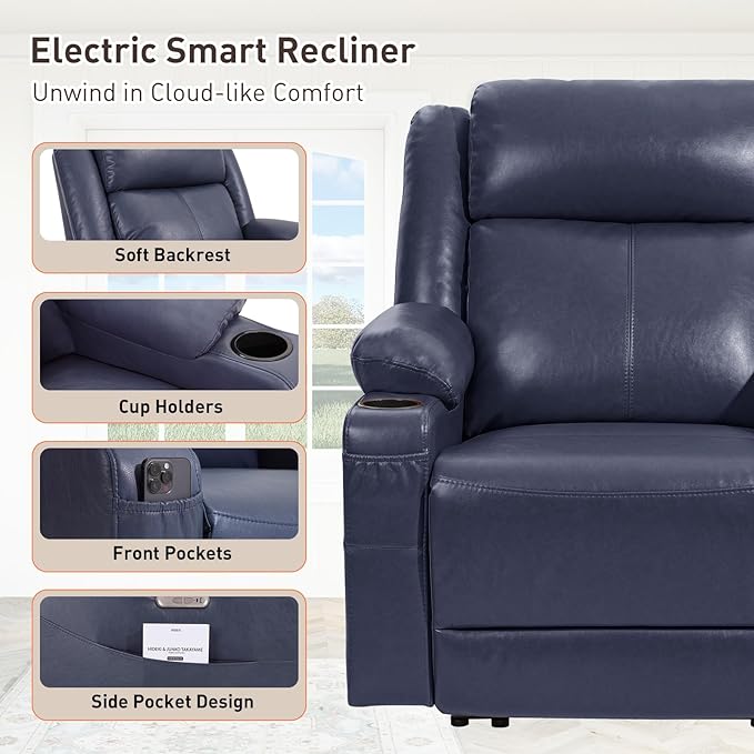EONIX Wall Hugger Recliner for Small Space Real Zero Clearance Power Recliner Lazy Boy Recliner Chair with Cup Holders for RV Living Room Bedroom SXXY011990 Navy Blue