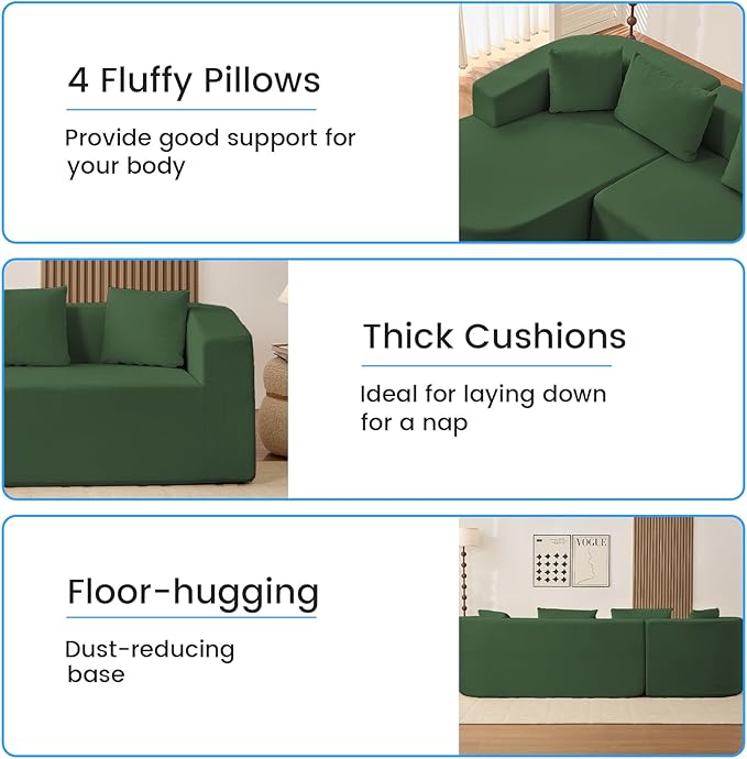 PUREMIND 98 L Shaped Sectional Couches for Living Room Boneless Comfy Modern Sofa Cloud Sectional Modern Sleeper Couch with Chaise for Bedroom Apartment No Assembly Required (Green)