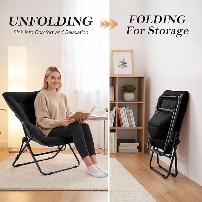 Oversized Folding Faux Fur Chair with Ottoman X-Large Soft Saucer Chair Foldable Metal Frame for Bedroom Living Room Balcony (Black)