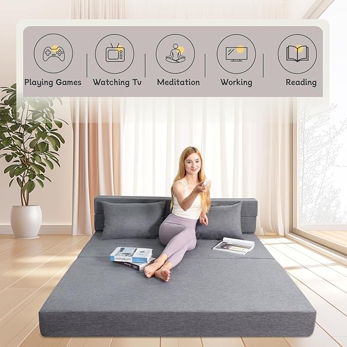 Folding Sofa Bed Foldable Bed Sleeper Chair with Removable Washable Cover Convertible Fold Out Couch with Pillow Futon Couch for Living Room Dorm Guest Room Queen Size Light Grey
