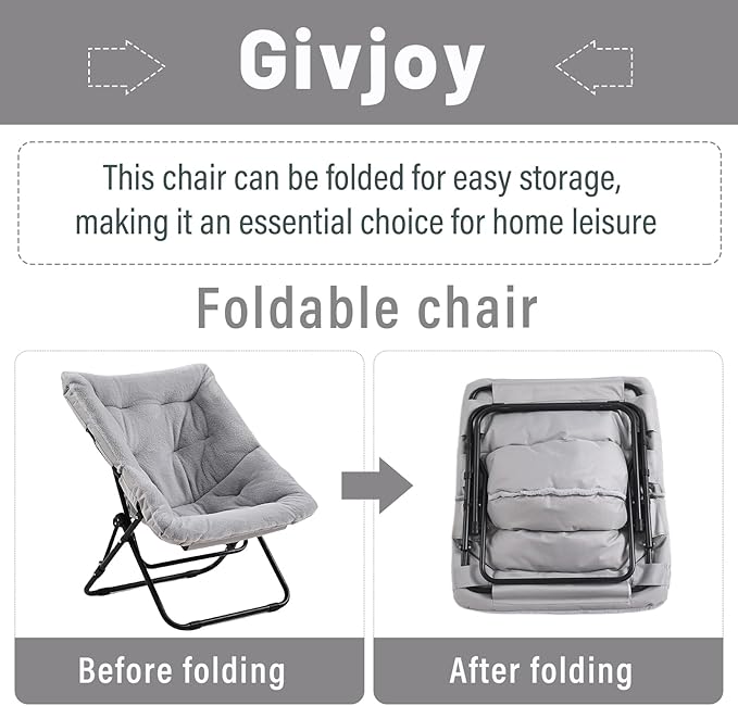 Comfy Folded Chair Soft Faux Fur Oversized Folding Accent Chair Flexible Lazy Chair for Adults Kids Metal Frame Moon Chair for Dorm Room Bedroom Living Room