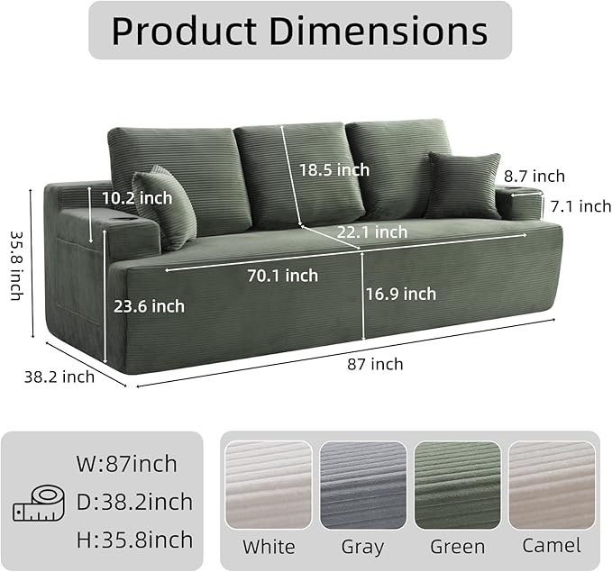 87 Modern 3-Seater loveseat Sofa Comfy Deep Seat Boneless Couch with Plush Corduroy Fabric Built-in Cup Holders &amp Side Storage Pockets for Living Room Bedroom and Apartment