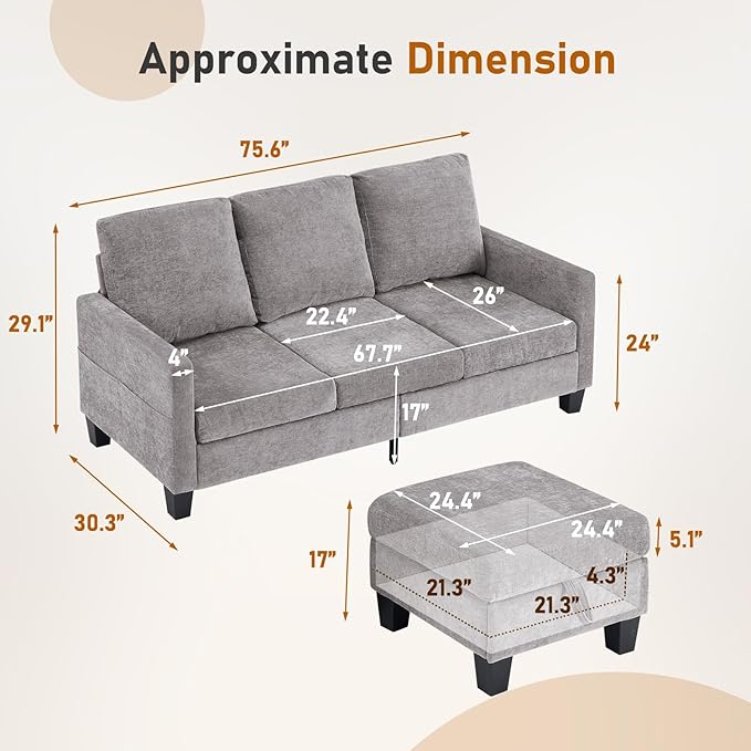 Furnimart Modern Small 3-Seater Sofa Set with Storage Ottoman Compact Couch for Small Space Chenille Fabric Solid Wood Frame Side Pocket &amp Storage Footstool Living Room Apartment(Grey)