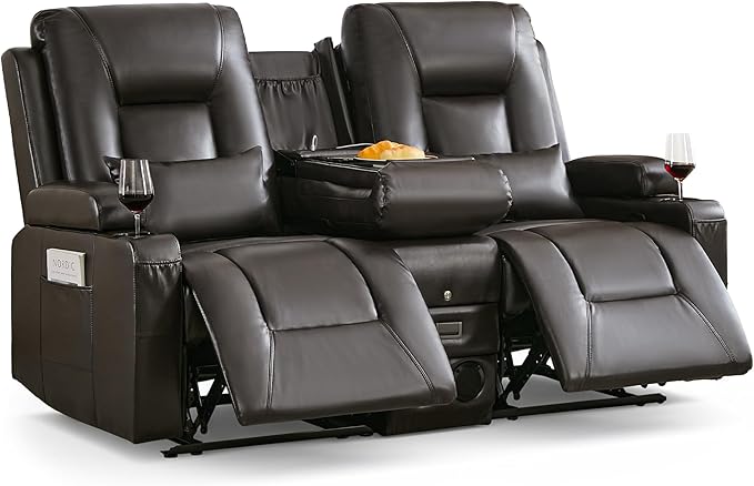 Houjud Manual Reclining Loveseat Sofa with Console PU Leather Recliner Sofa RV Couch with Bluetooth Speakers USB Charging AC Outlets and Pillow for Home Theater Dark Brown