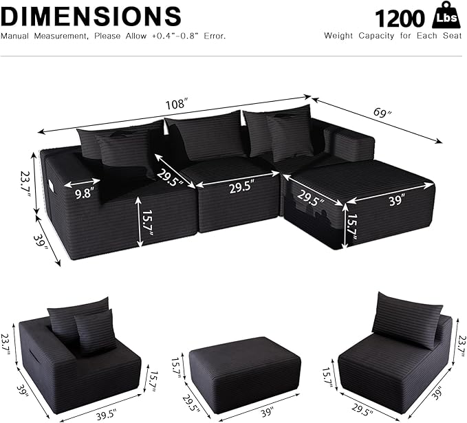 Modular Sectional Sofa Deep Seat Cloud Couch with Throw Pillows Fluffy Comfy Boneless Couch Freely Convertible Memory Foam Sofa for Living Room Apartment Bedroom (Black 4 Seater)