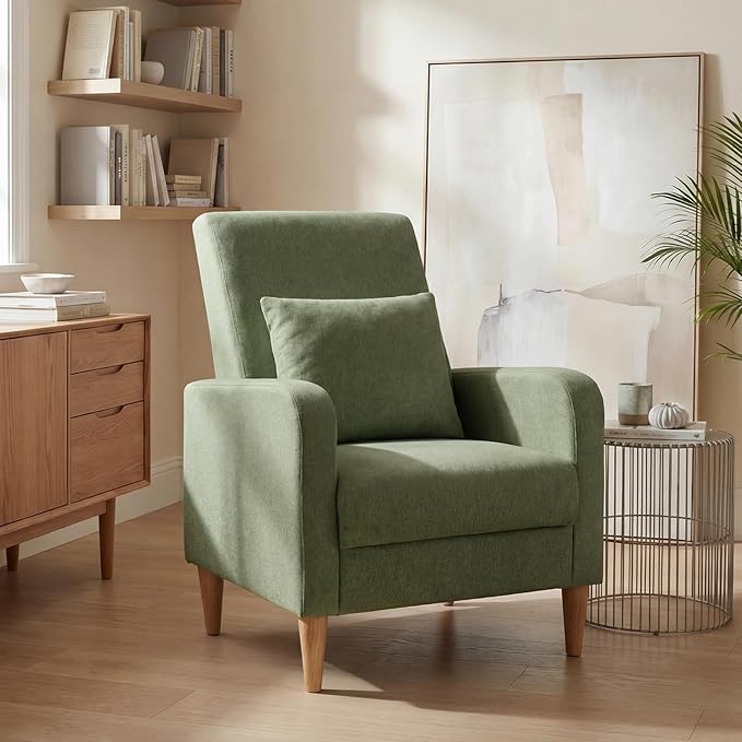 COLAMY Mid-Century Modern Upholstered Accent Chair with Back Pillow &amp Solid Wood Legs Fabric Cozy Armchair for Living Room Bedroom Reading Nook Apartment &amp Small Spaces Green