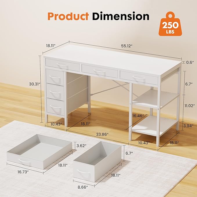 Sweetcrispy 55 Computer Desk with 6 Drawers Home Office Gaming Desks with Storage Shelves for Bedroom Writing Study Corner Living Room Work Table White