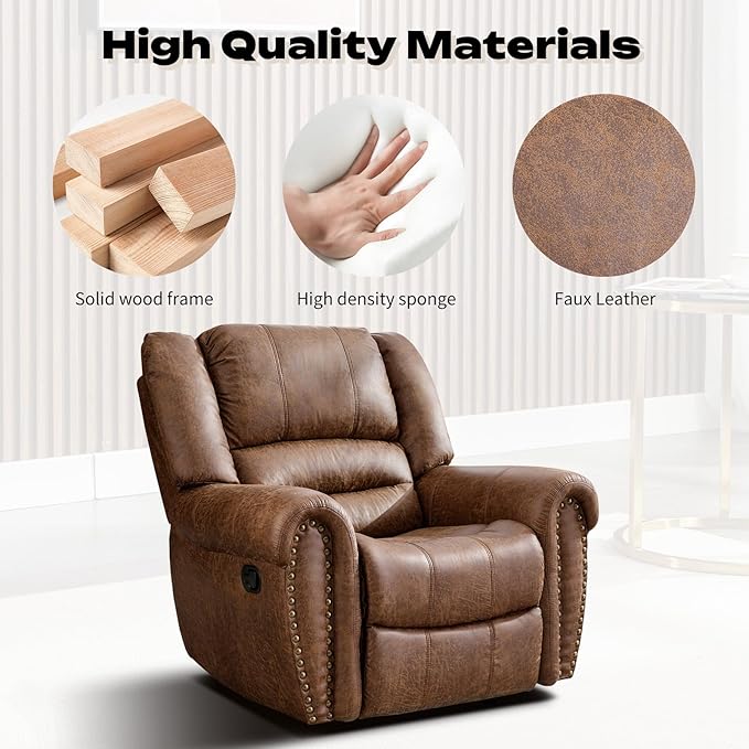 CANMOV Rocker Recliner Chair Leather Recliner Chair with Overstuffed Backrest and Armrests Manual Single Sofa for Living RoomBedroom Nut Brown