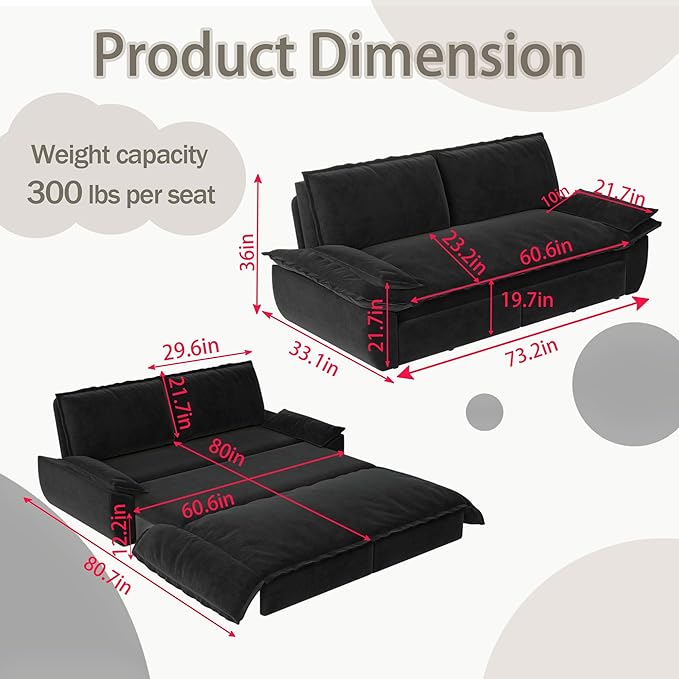 73.2 Queen Size Pull Out Sofa Bed 3-in-1 Convertible Sleeper Velvet Loveseat for Living Room Apartment Bedroom Small Spaces Black (Mattress &amp Bedding Not Included)