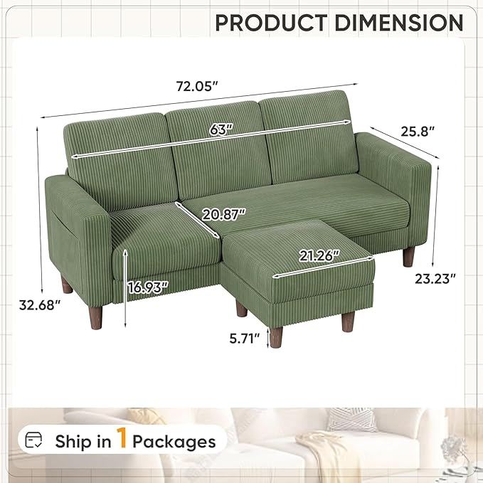 Homall Convertible Sectional Sofa 3 Seat L Shaped Couch with Side Storage Pocket Sofas with Movable Ottoman Corduroy Small Couches for Living Room &amp Apartment (Corduroy Green)