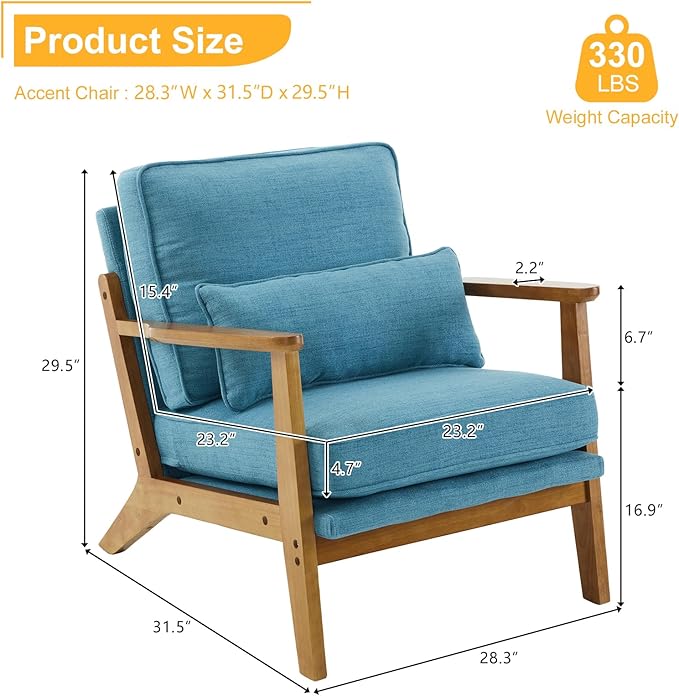 Karl home Accent Chair Wide Armrest Mid-Century Lounge Chair Linen Fabric Armchair with Lumbar Pillow &amp Solid Wood Frame for Living Room Bedroom Balcony Cyan-Blue