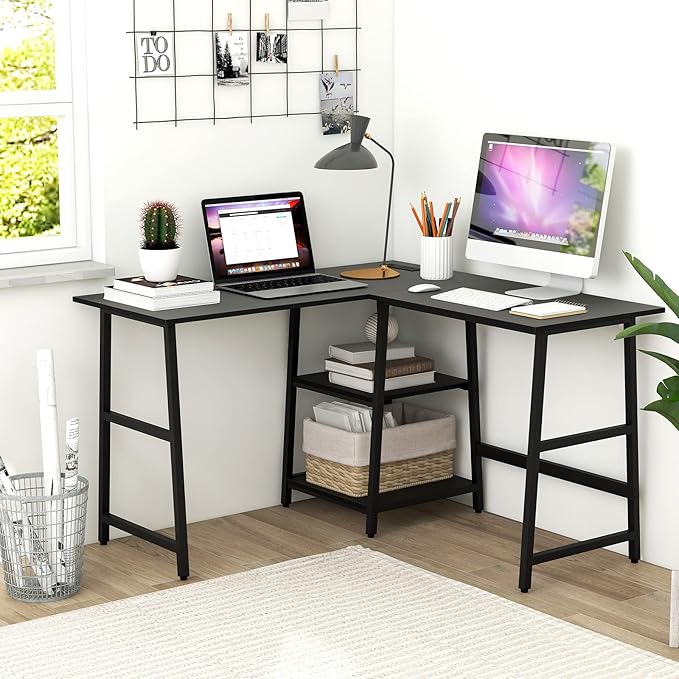 Tangkula 48” L Shaped Computer Desk Corner Study Writing Desk with Outlets &amp USB Ports Home Office Desk Computer Workstation with 2-Tier Shelf Executive Desk (Black)