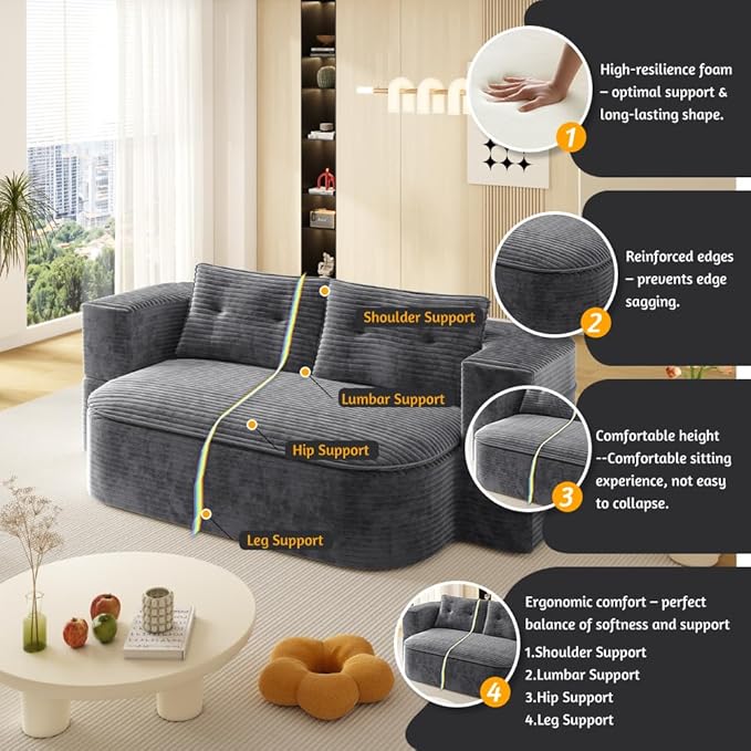 78.7 Folding Sofa Bed18 Full Size Floor CouchConvertible Corduroy Fabric Foam-Filled Sleeper Futon Loveseat Couch for Office Apartment-Dark Gray