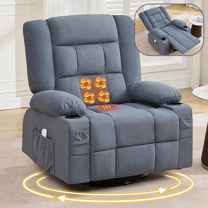 Oversized Recliner Chair for Adults w/ 8-Point 3D Kneading Massage and Lumbar Heating Swivel Rocker Recliner w/USB Charge Port for Living Room Ergonomic Lazy Boy Single Sofa Chair (Blue)