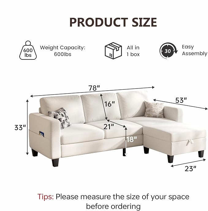 Sectional Sofa and Couches for Living Room 78'' Beige 3 Seat L-Shaped Couch with Movable Ottoman Comfy Linen Convertible Sectionals Sofas with Chaise for Apartment Dorm Small Space