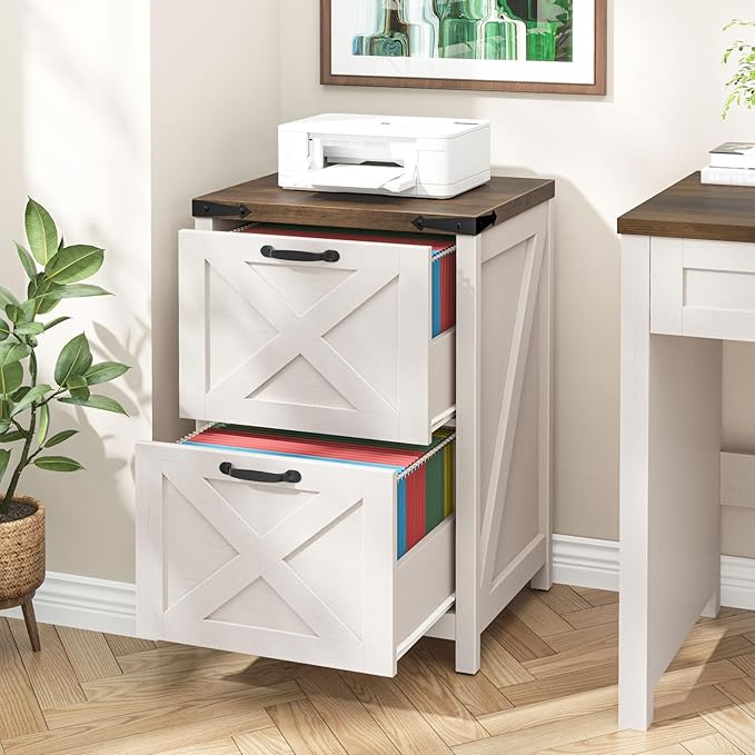 2 Drawer Small File Cabinet Farmhouse Vertical Filing Cabinet Fits Letter and A4 Size Under Desk Wooden File Cabinets for Home Office Printer Stand Rustic White