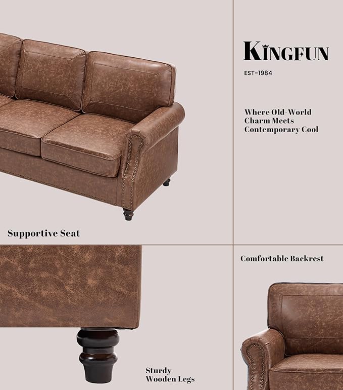 Kingfun 3 Seater Sofa Mid-Century Modern Faux Leather Couch Set for Living Room Darkbrown with Rolled Arms &amp Nailhead Trim Easy Assembly