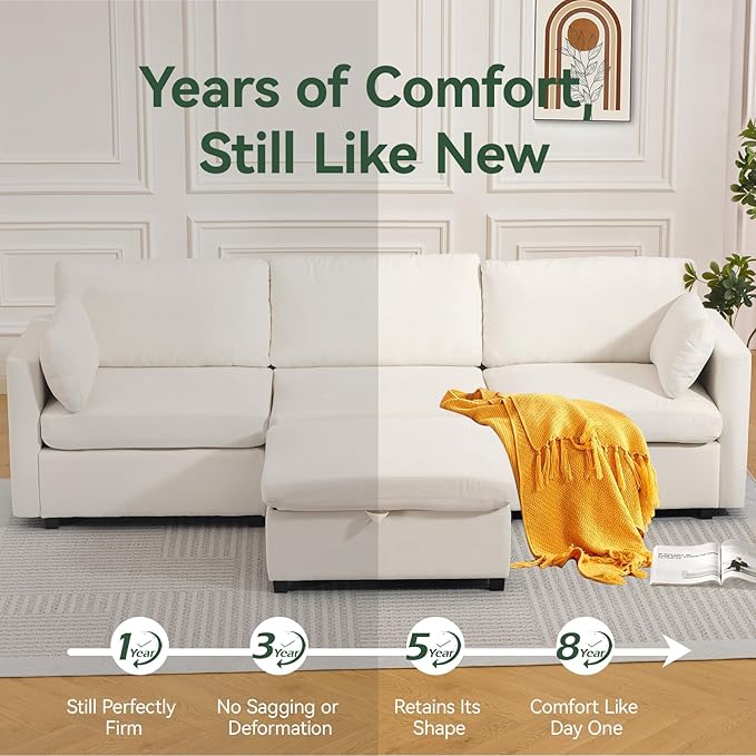 109'' Modular Sectional Sofa L Shaped Couch with Storage Ottoman Comfy Cloud Sofa with Deep Seat 4 Seat Convertible Sectional Couches for Living Room (Beige Low Legs 1.97)