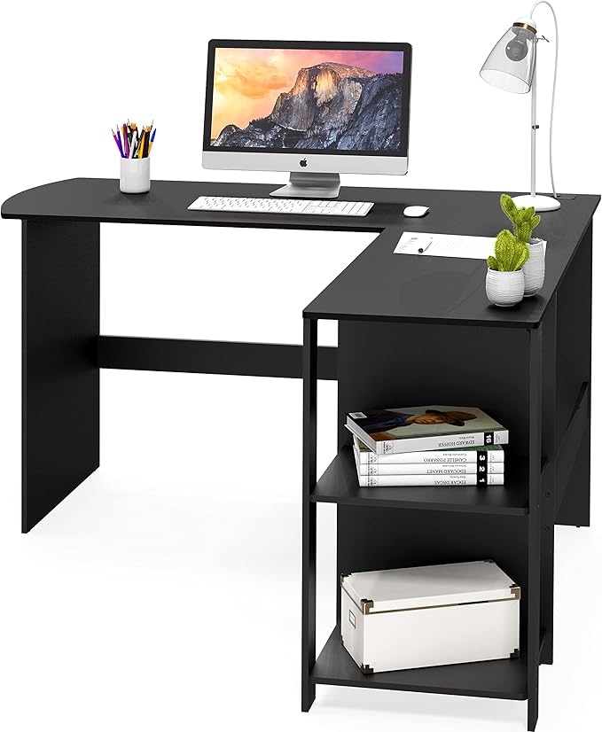 SHW 51 x 51 Inches L-Shaped Home Office Wood Corner Desk wtih Storage Black