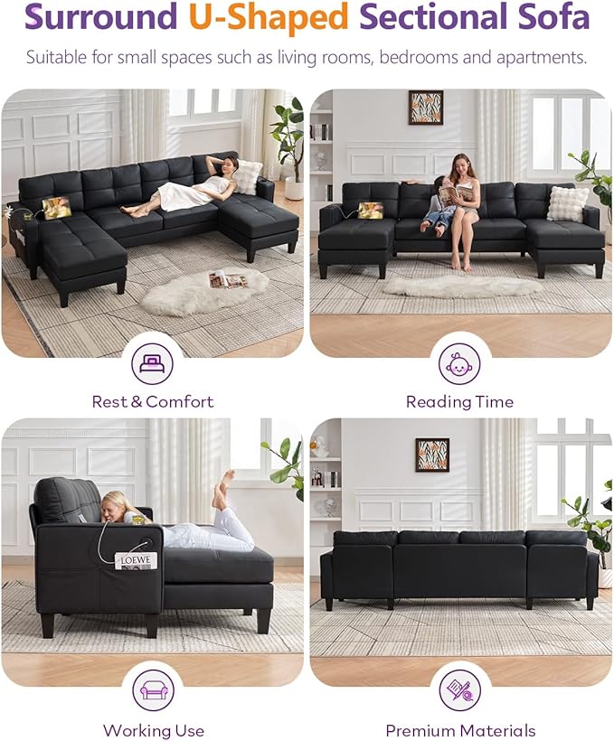 TYBOATLE 116’’ W Black Faux Leather Sectional w/USB and Cup Holders for Living Room Comfy Tufted U Shaped Sofa Couch w/Chaise Lounge Office Leather Sofa for Bedroom