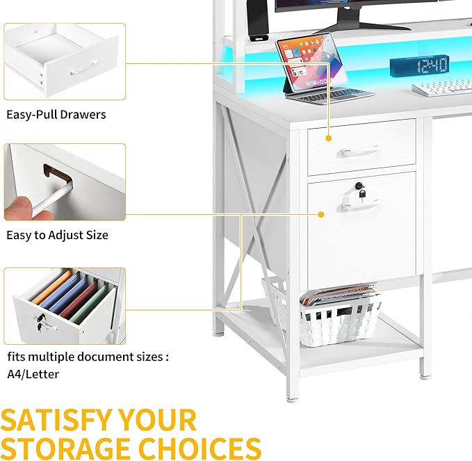 DWVO Computer Desk with Drawers &amp Hutch 59.1 Office Desk with Power Outlets &amp LED Lights Home Office Desk with Storage Shelves White