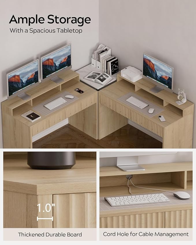 Fluted Executive Desk with Storage Shelf 47 Modern Wood Home Office Desk with Long Monitor Stand &amp 2 Drawers Writing Study Computer Table Vanity Desks Light Oak