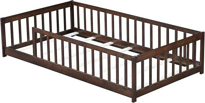 Bellemave Twin Floor Bed with Slats and Safety Guardrails Twin Size Montessori Floor Bed with Fence and Without Door Easy Assemble Montessori Beds Frame for Girls Boys Pink Espresso