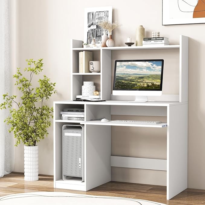 LDAILY Computer Desk with Hutch Multifunctional PC Laptop Table with Keyboard Tray CPU Stand Power Outlet Simple Work Desk Writing Desk for Bedroom Home Office Dorm (White)
