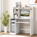 LDAILY Computer Desk with Hutch Multifunctional PC Laptop Table with Keyboard Tray CPU Stand Power Outlet Simple Work Desk Writing Desk for Bedroom Home Office Dorm (White)
