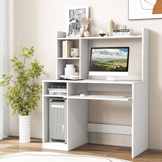 LDAILY Computer Desk with Hutch Multifunctional PC Laptop Table with Keyboard Tray CPU Stand Power Outlet Simple Work Desk Writing Desk for Bedroom Home Office Dorm (White)